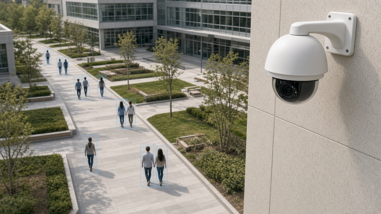 CCTV with AI video analytics overlays on live camera feeds