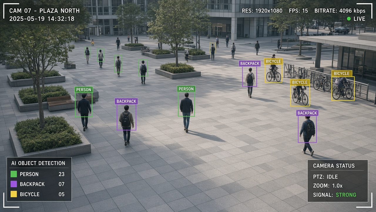People and object classes labeled in a shared urban scene