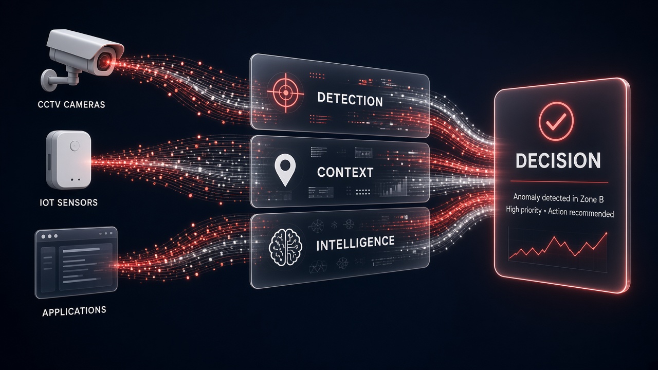 Data streams from cameras, IoT sensors and applications passing through detection, context and intelligence layers into a decision