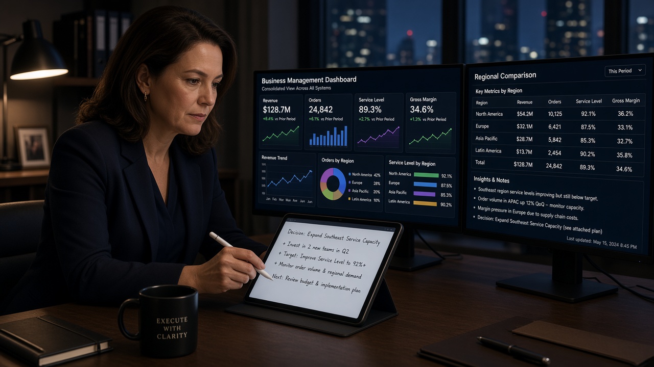 Executive reviewing a consolidated management dashboard and noting a decision on a tablet