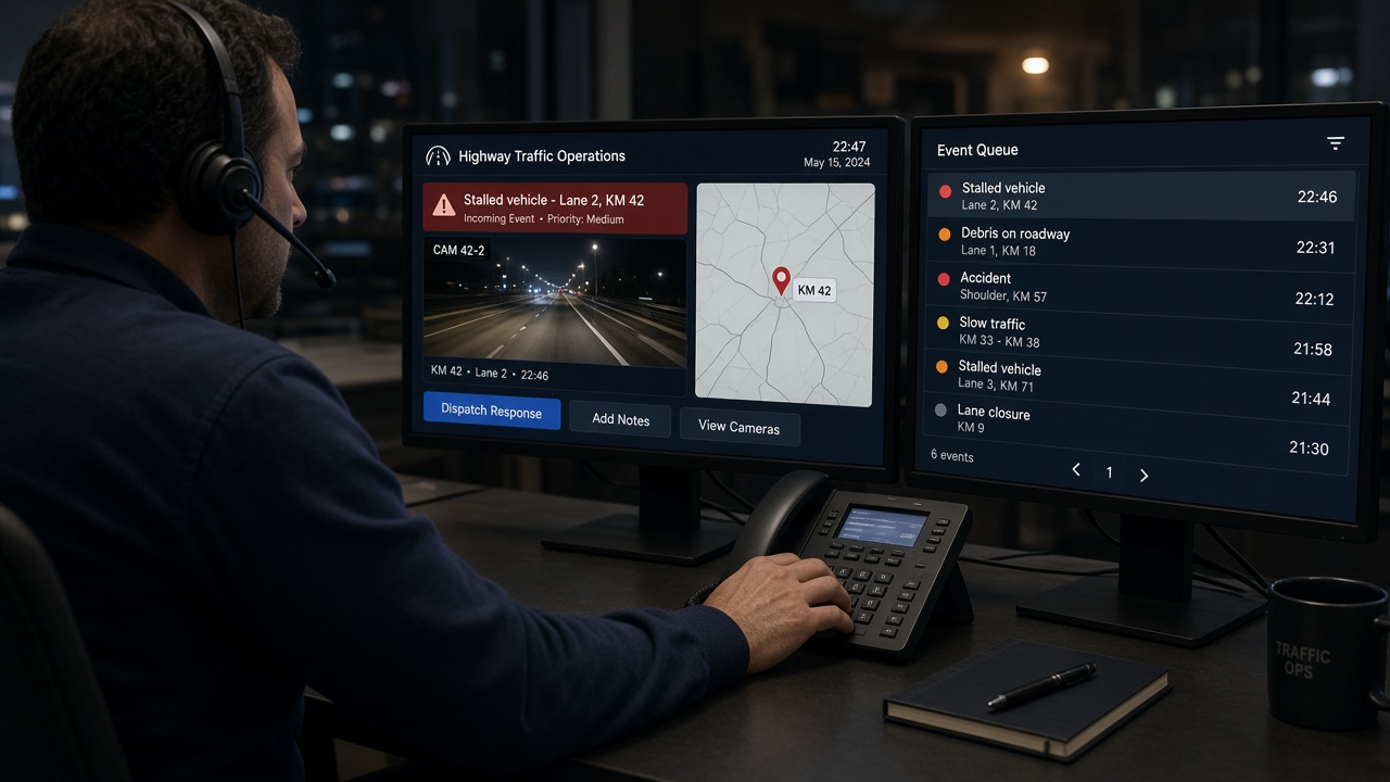 Highway operator with a headset reviewing a stalled vehicle event with camera clip, map and event queue