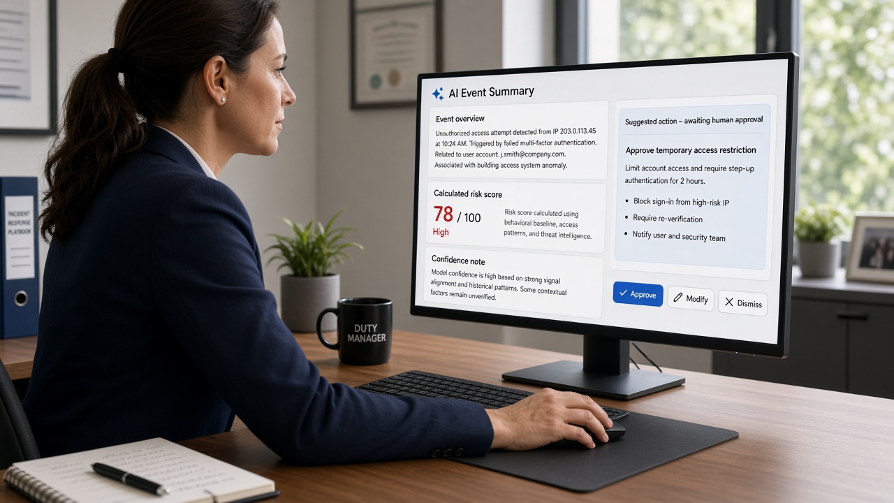 Duty manager reviewing an AI event summary with a suggested action awaiting human approval