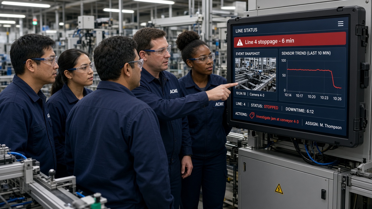 Manufacturing team at a line-side screen showing a line stoppage event, camera snapshot and sensor trend