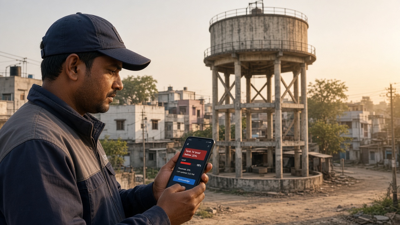 Field engineer near an overhead water tank reading a low-level threshold alert on a smartphone