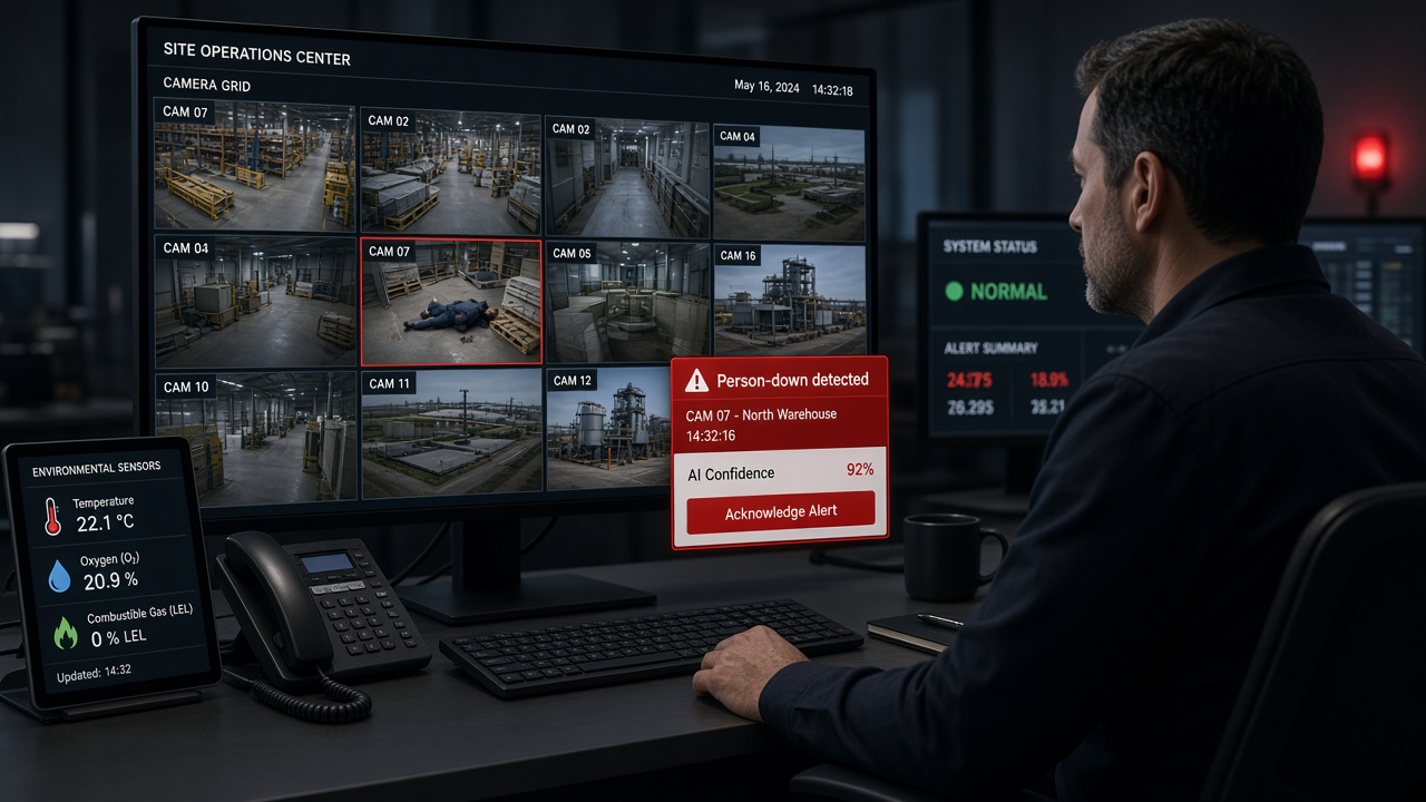Safety officer reviewing a person-down alert alongside environmental sensor readings