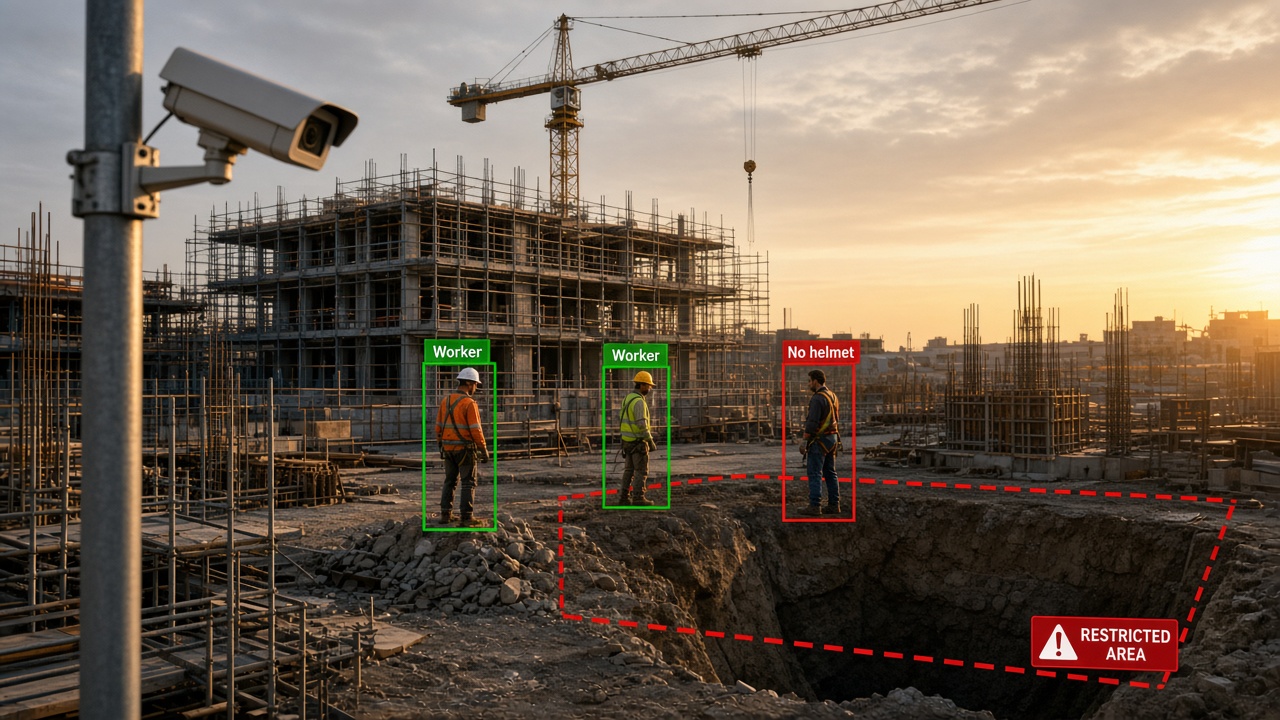 Construction site camera flagging a worker without a helmet near a restricted excavation