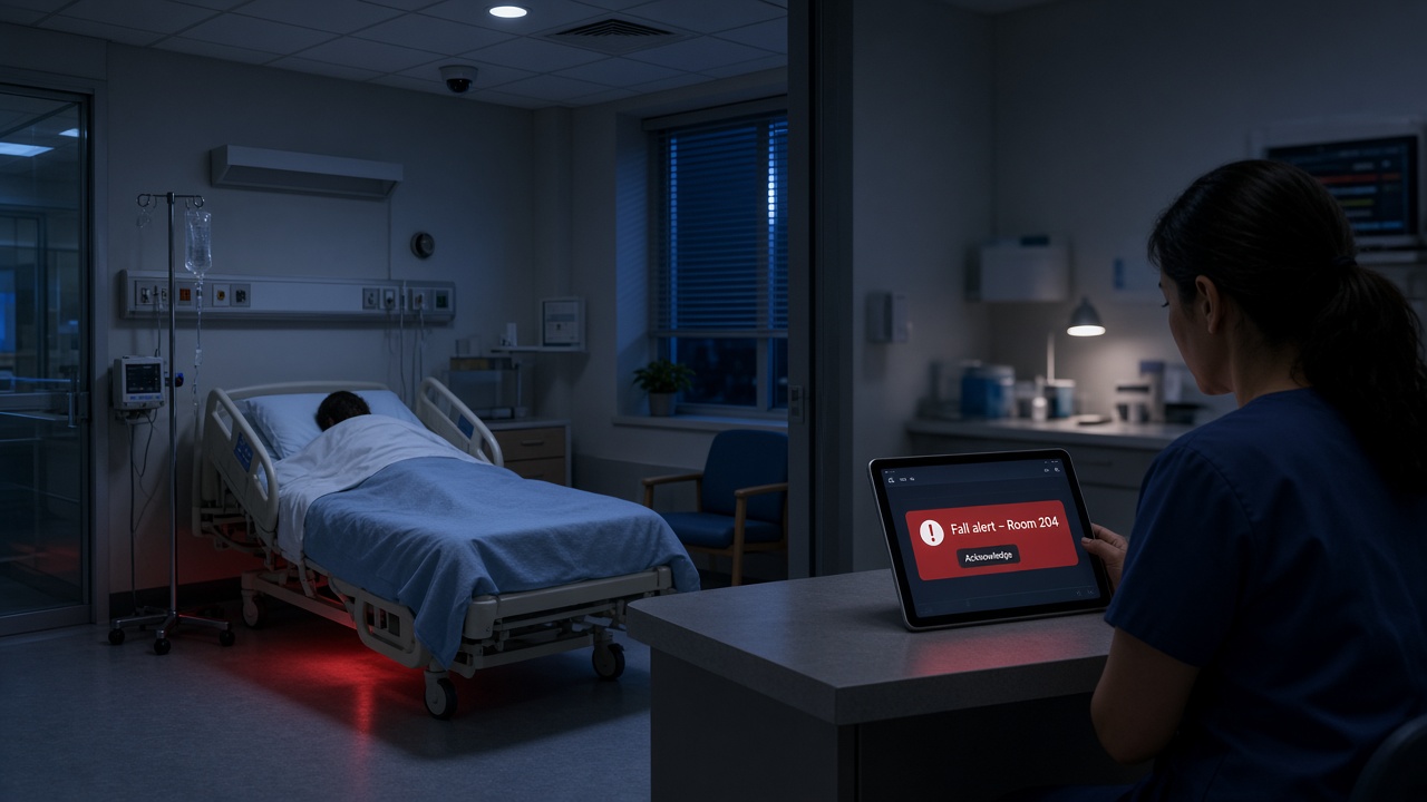 Nurse receiving a fall alert for a patient room on a tablet