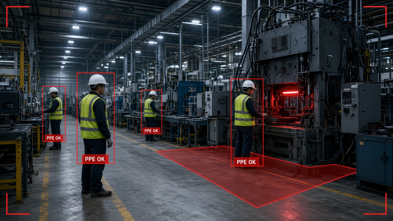 AI video analytics detecting PPE compliance and a hazardous zone on a manufacturing floor
