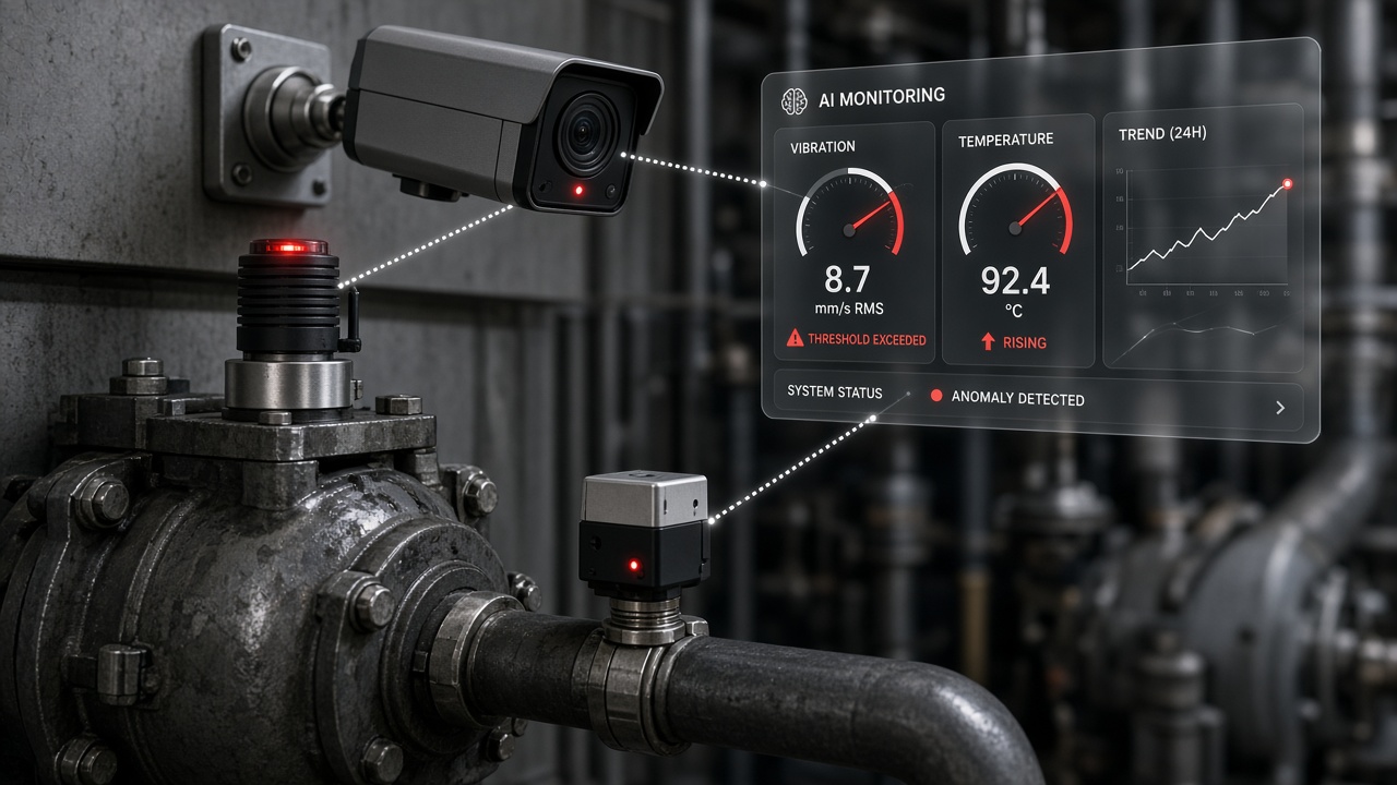 IoT vibration and temperature sensors on equipment linked with an AI camera and alert dashboard