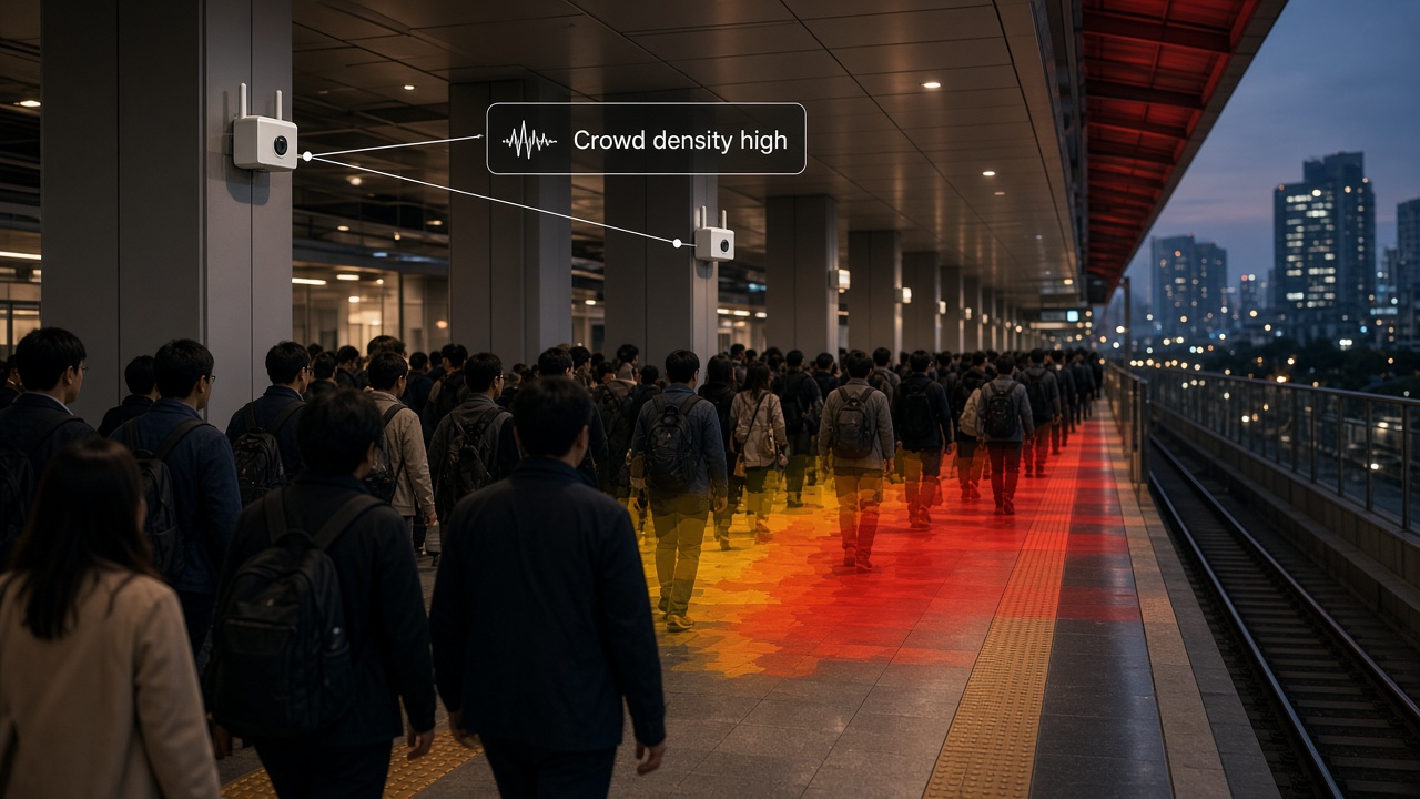 Metro platform with crowd-density heat overlay and IoT sensors