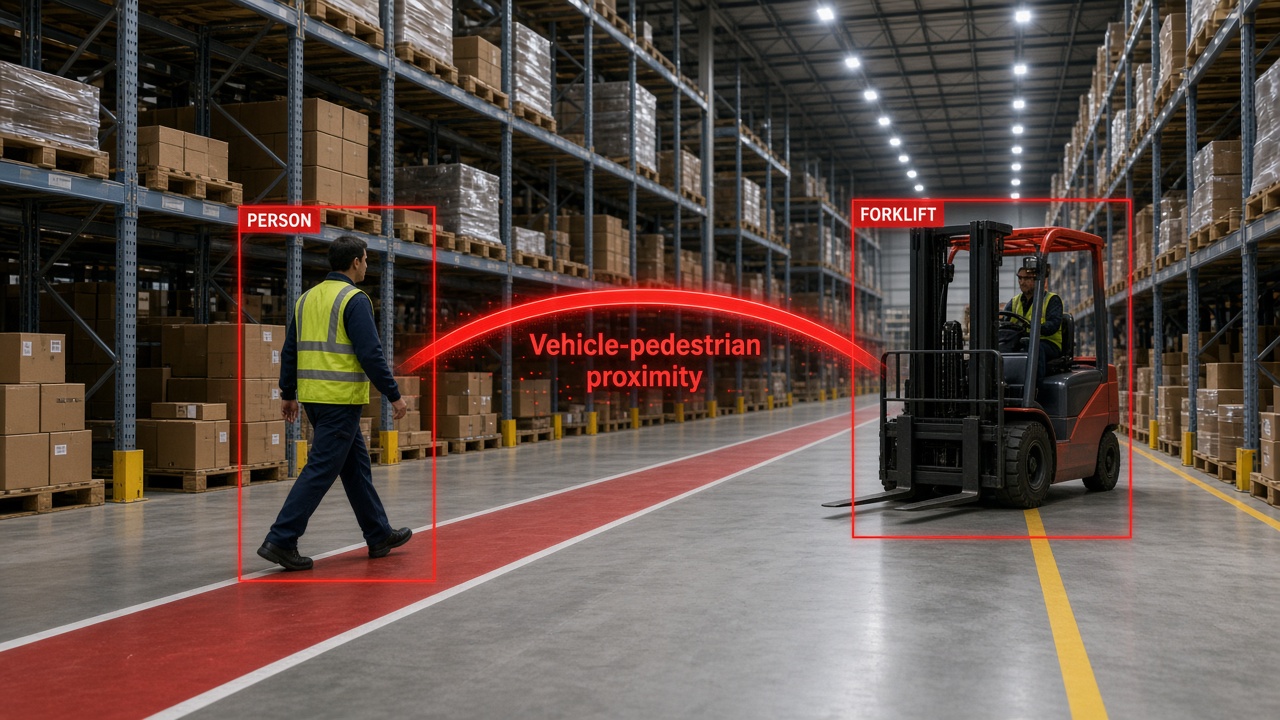 Warehouse AI analytics highlighting forklift and pedestrian proximity