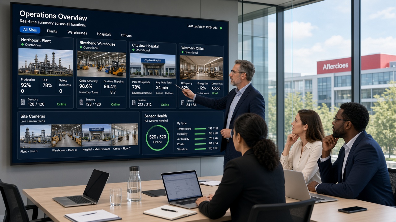 Manager presenting a multi-location operations overview with KPIs, site cameras and sensor health