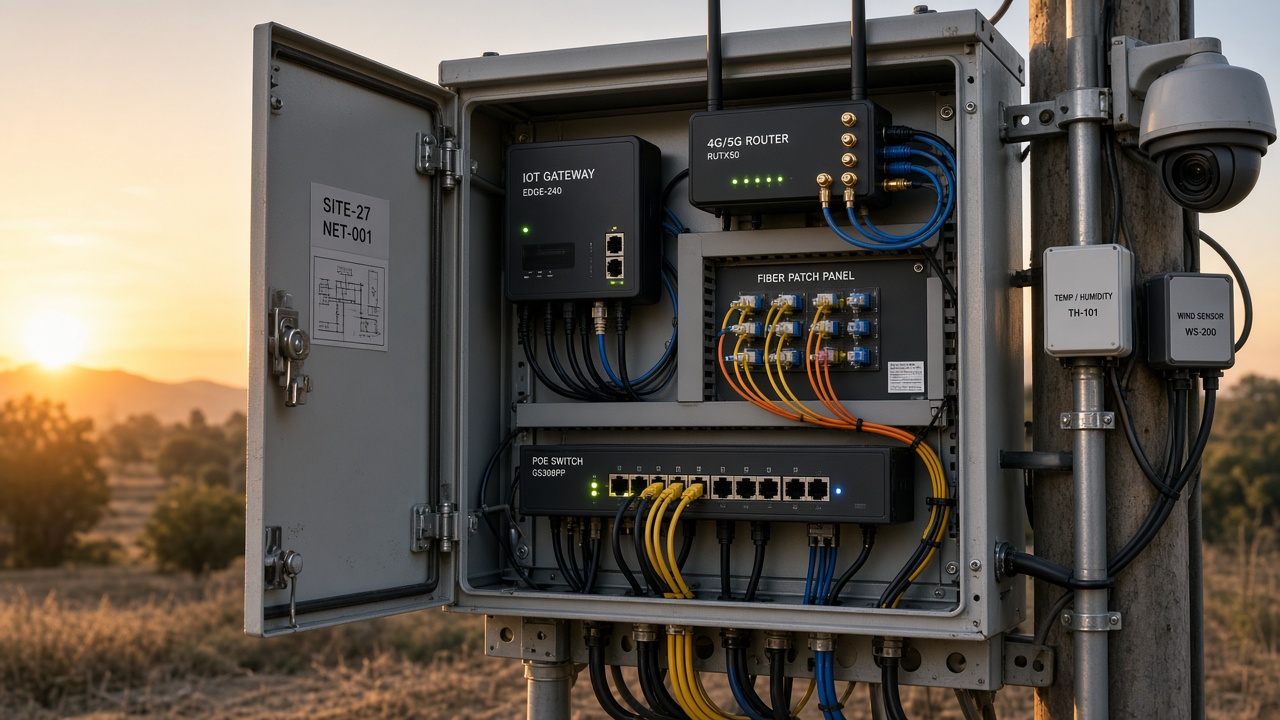 Field network cabinet with IoT gateway, 4G/5G router, fiber patch panel and PoE switch connected to a camera and sensors