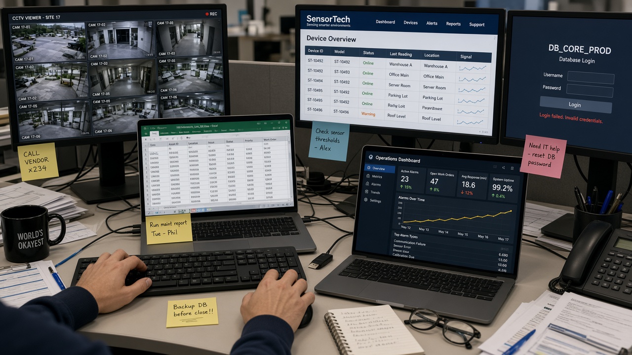 Operator desk with separate monitors for CCTV, spreadsheets, a sensor portal, a database login and a standalone dashboard
