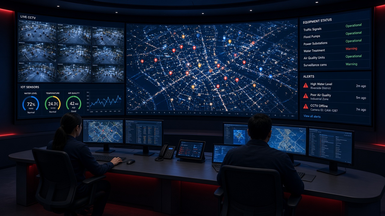 Integrated command centre video wall combining a city map, live CCTV, IoT sensor gauges, equipment status and alerts