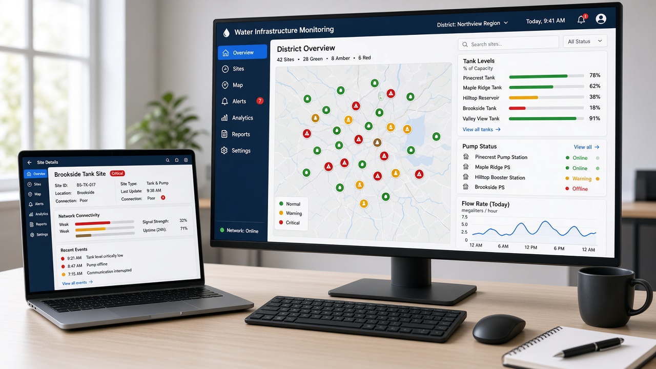 Water infrastructure dashboard with a district map of sites, tank levels, pump status, flow rate and connectivity