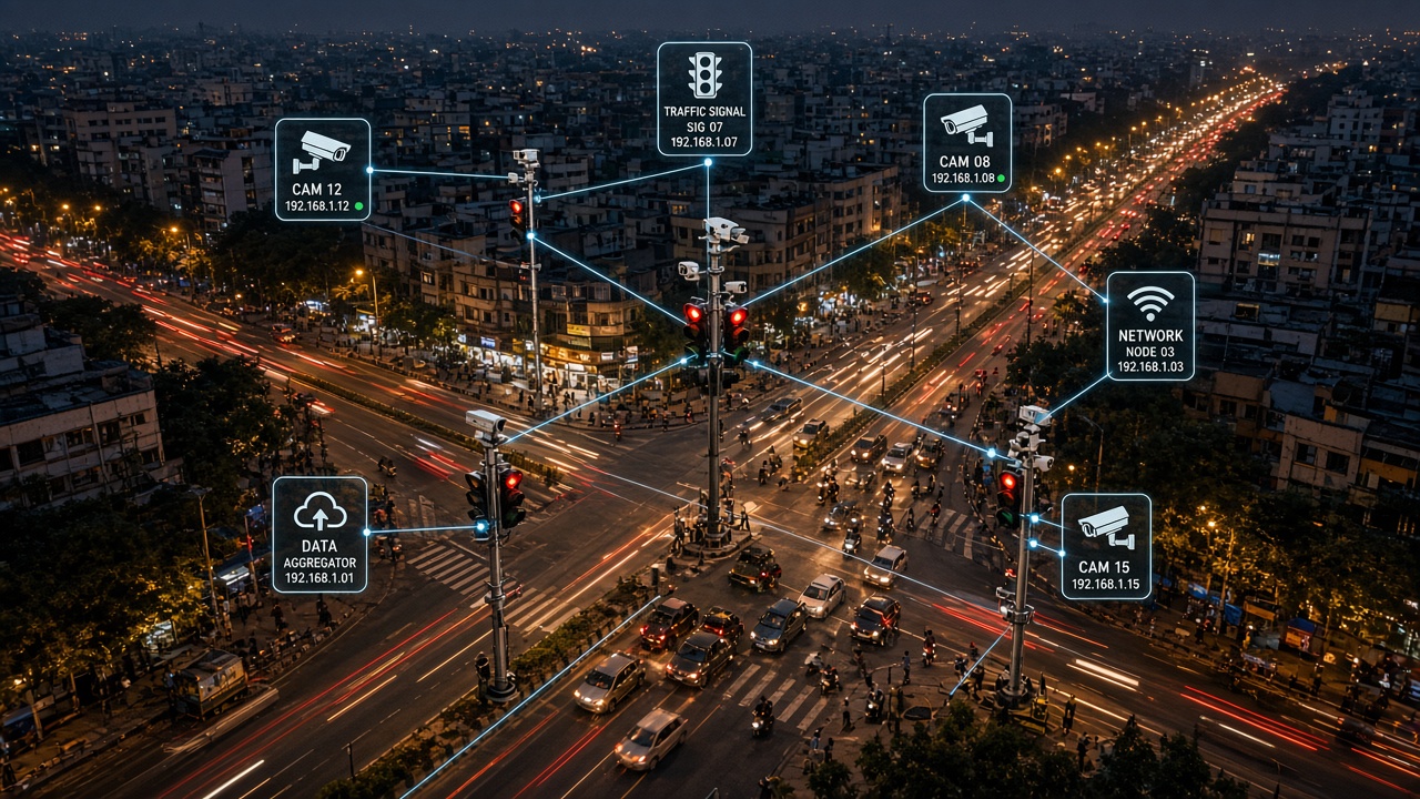Aerial dusk view of a city junction with connected cameras, traffic signals and network nodes