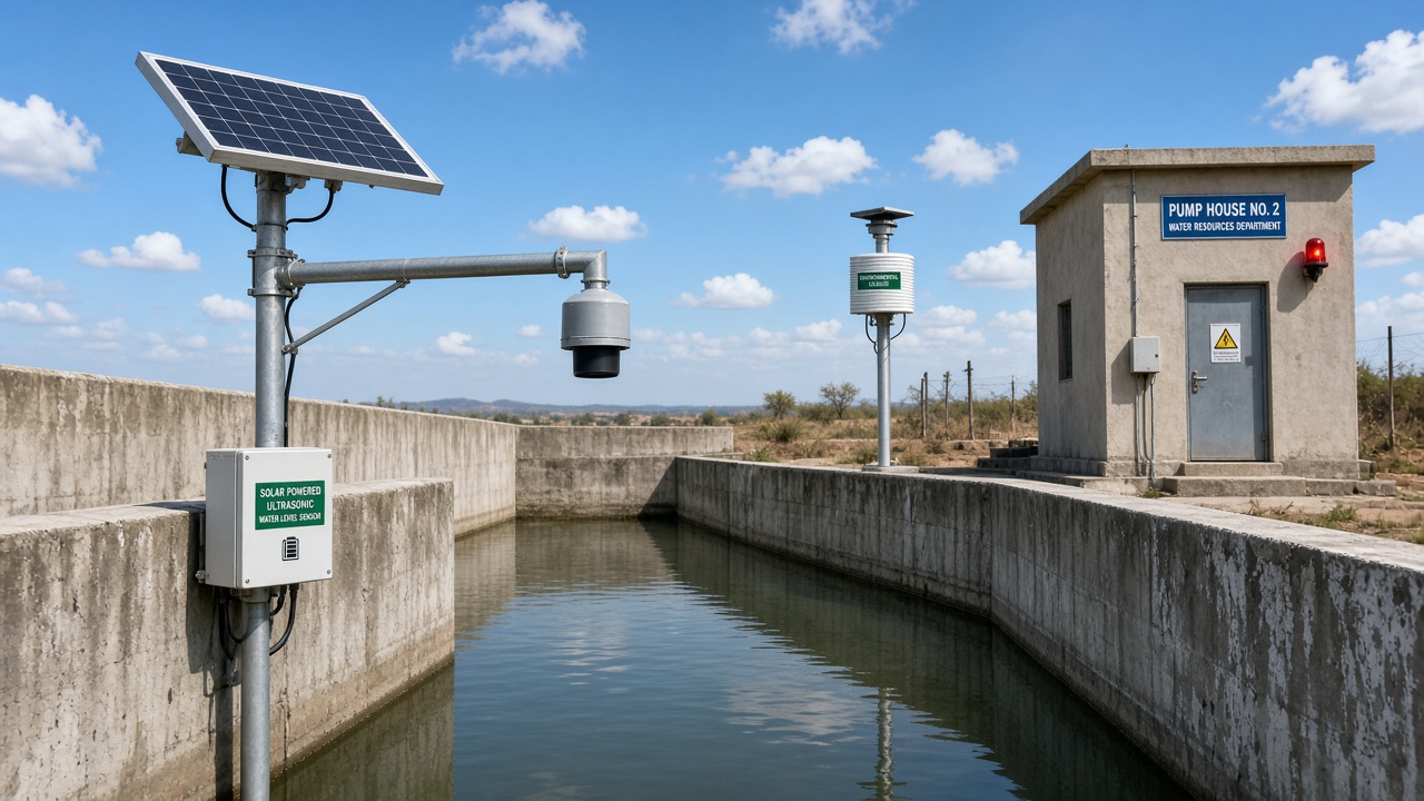 Solar-powered water-level sensor over a reservoir with an environmental sensor and pump house