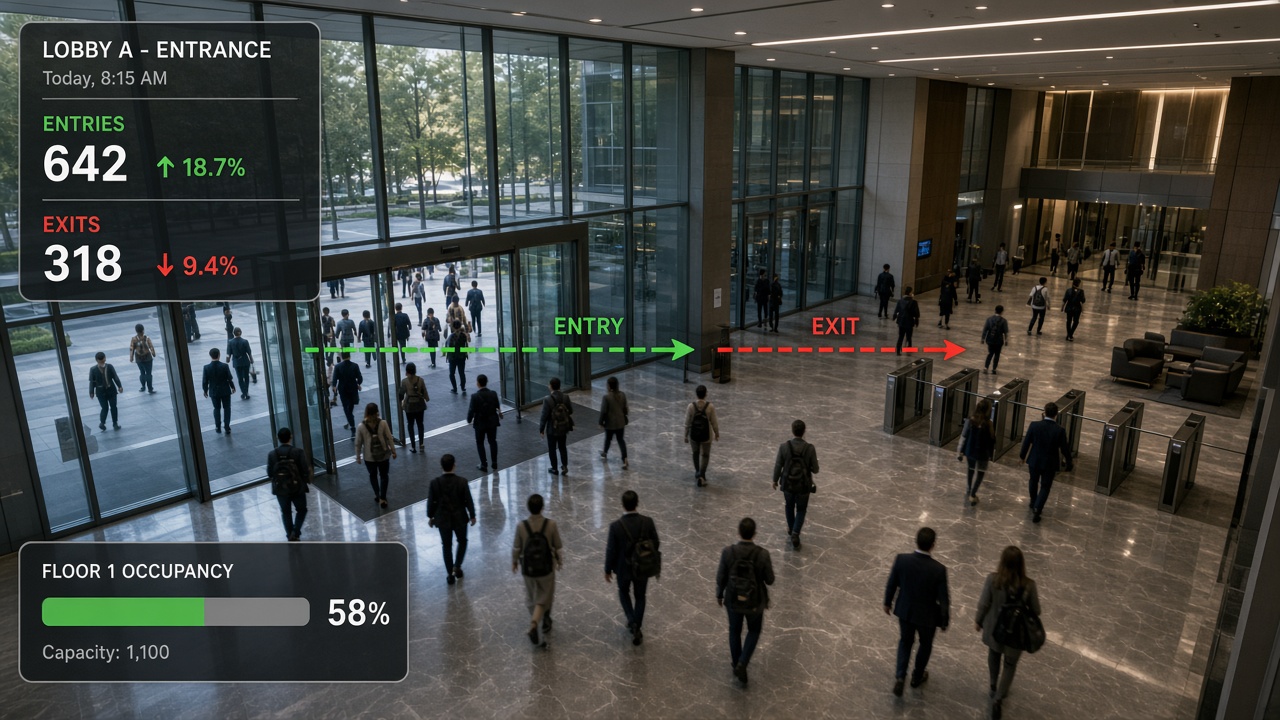 Office lobby camera counting entries and exits with a floor occupancy gauge