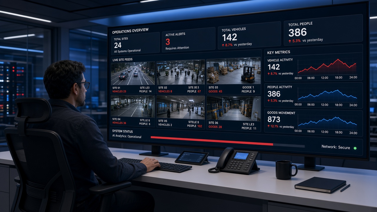 Operator overseeing an automated operations dashboard with AI vehicle, people and goods counts across sites
