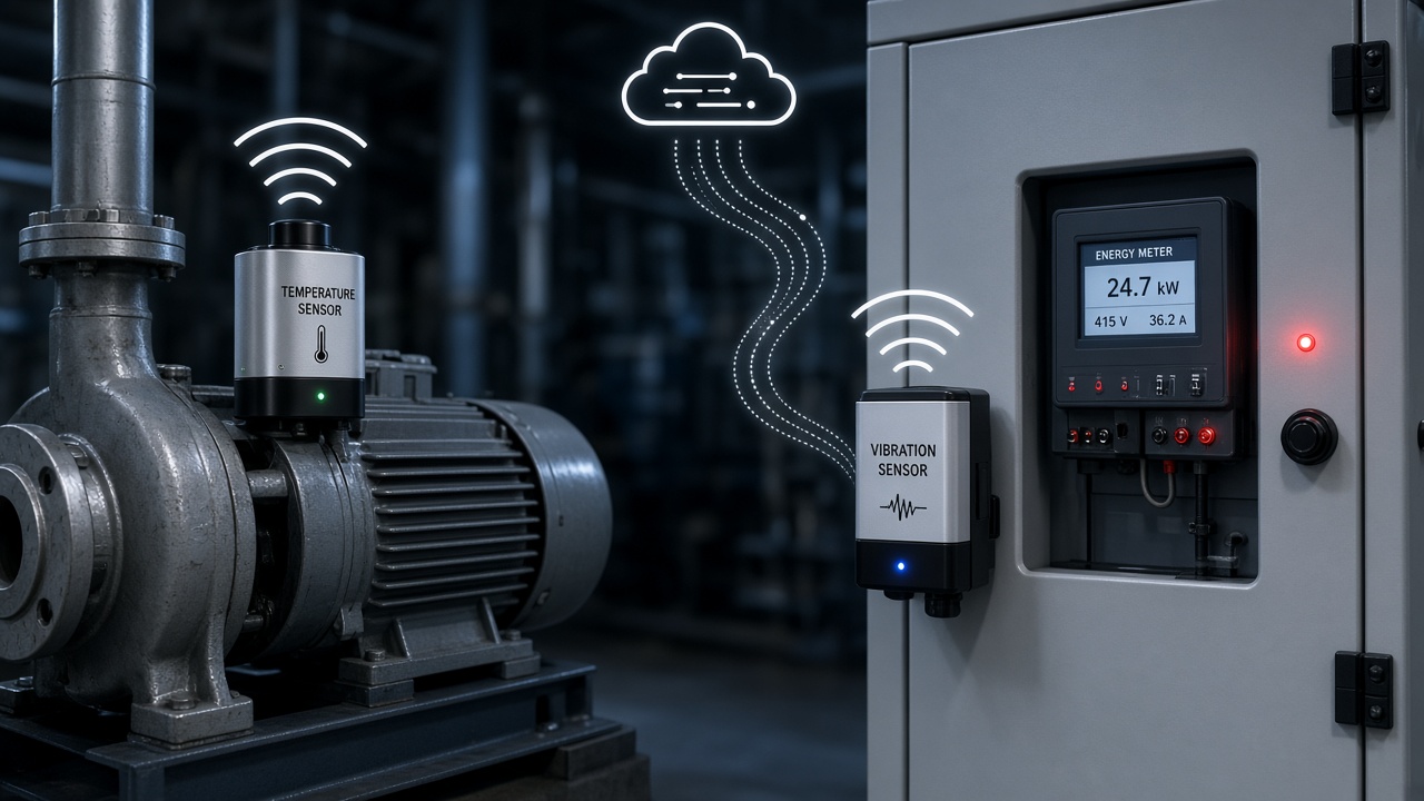 Temperature, vibration and energy sensors on a pump and electrical panel sending data to the cloud