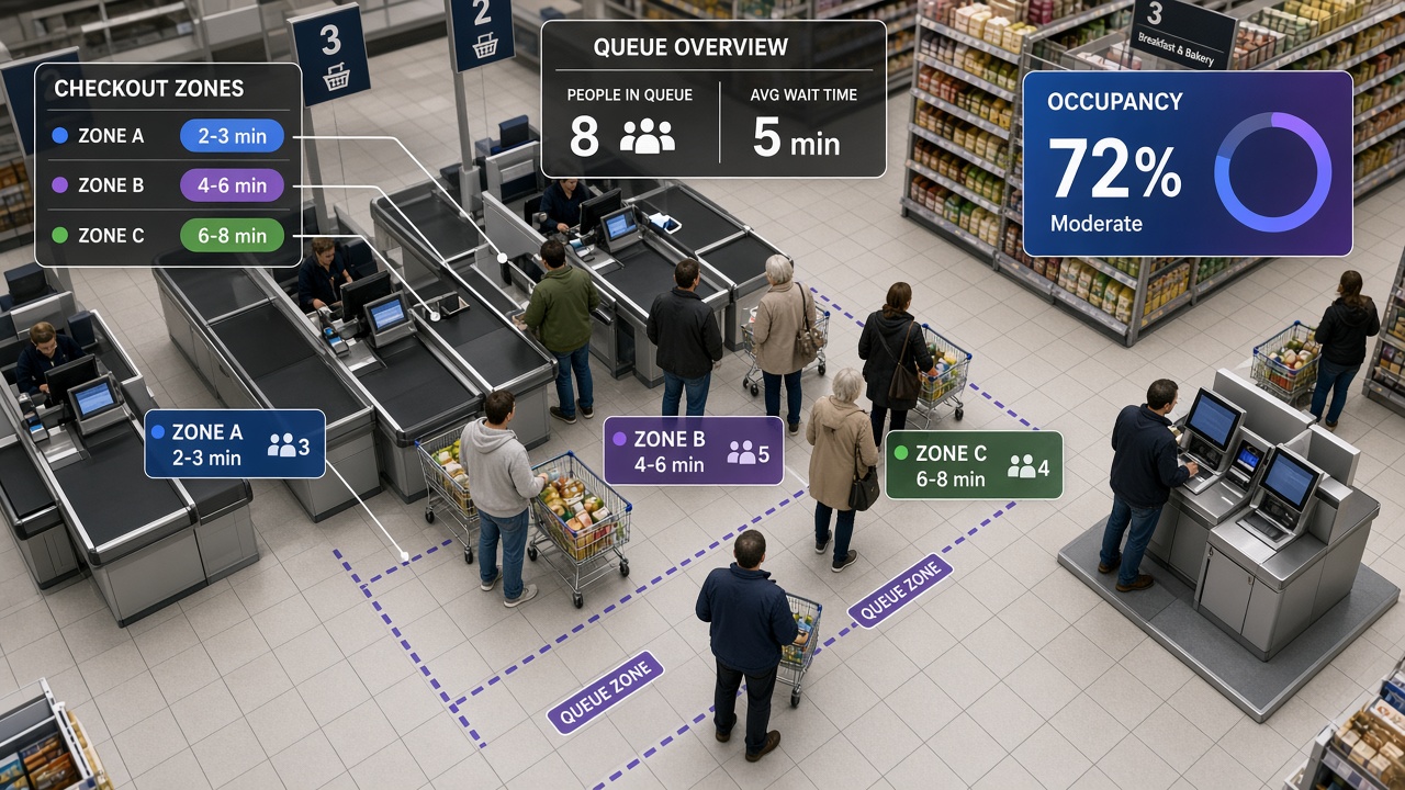 Supermarket checkout camera showing queue zones, wait times and store occupancy