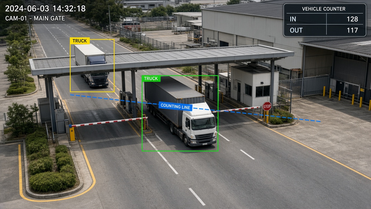 Logistics yard gate camera counting trucks in and out with a virtual counting line