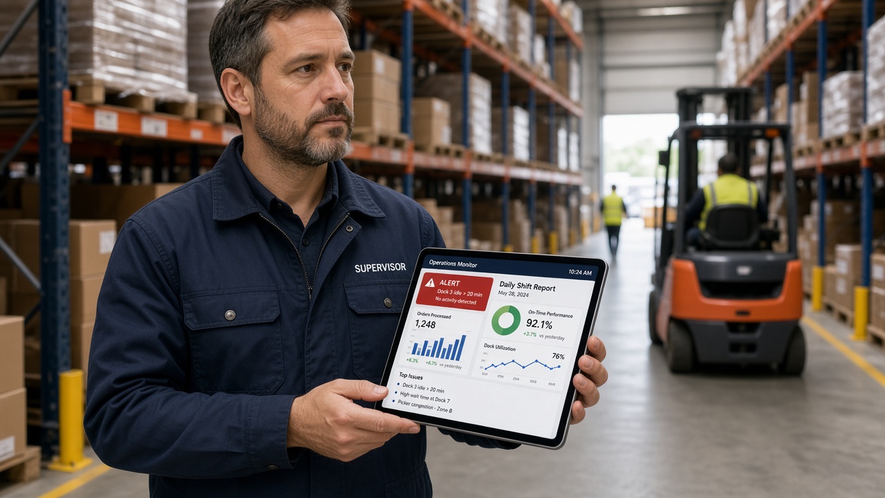 Warehouse supervisor viewing a dock idle alert and an automated daily shift report on a tablet