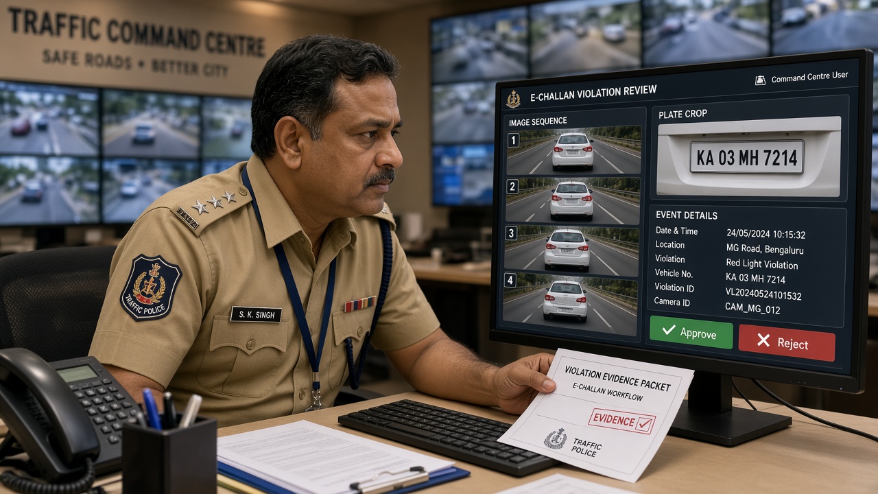 Traffic police officer reviewing a violation evidence packet with approve and reject options in a command centre