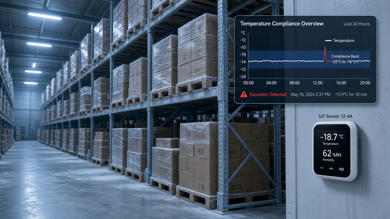 Cold storage warehouse with IoT temperature sensors and a chart showing a flagged temperature excursion
