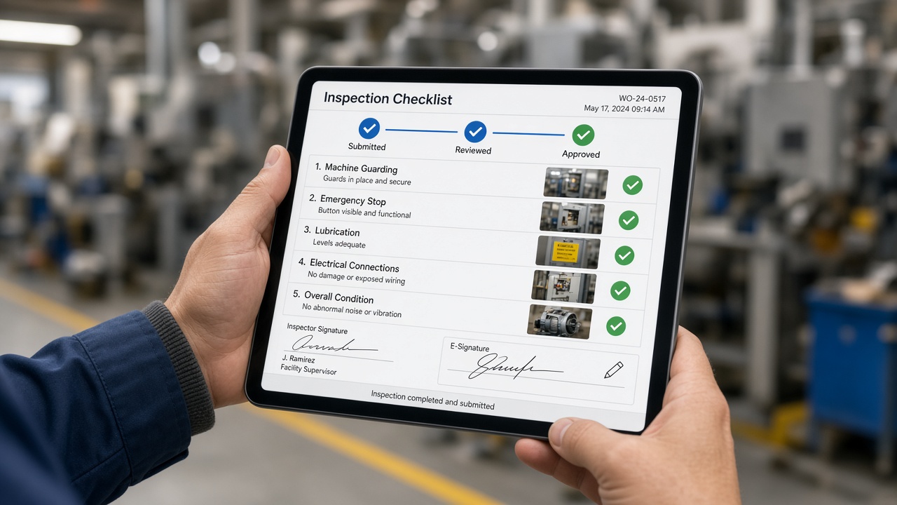 Supervisor holding a tablet with a digital inspection checklist, photos, e-signature and approval status