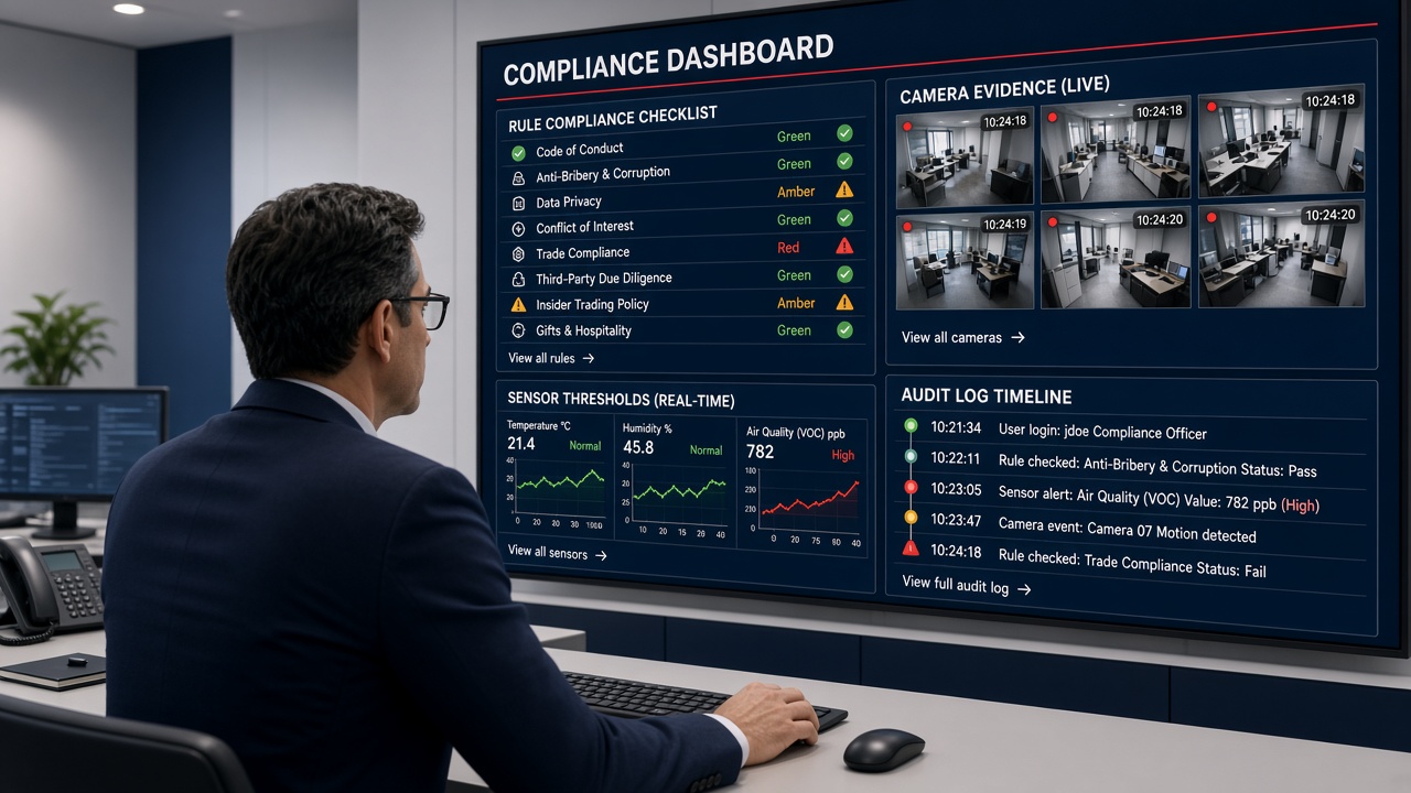 Compliance officer reviewing a dashboard of rule statuses, camera evidence, sensor thresholds and an audit log