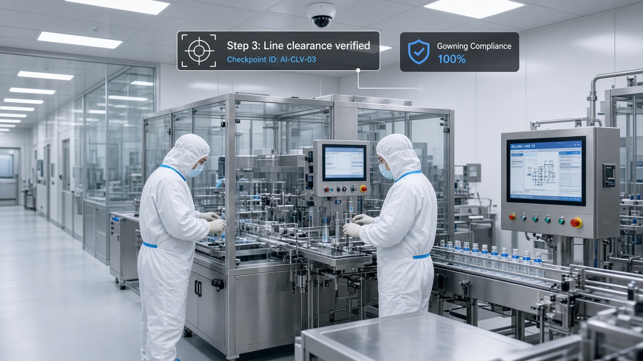 Pharmaceutical cleanroom filling line with AI process checkpoint and gowning compliance indicators