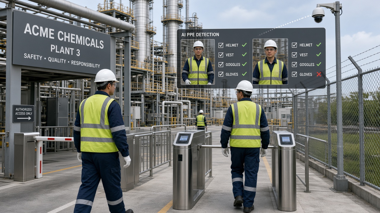 Chemical plant entry lane where AI checks helmet, vest, goggles and gloves for each worker