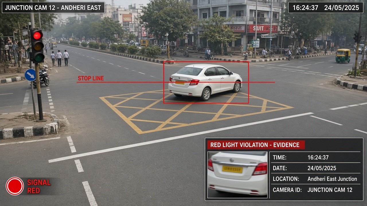 Junction camera detecting a car crossing the stop line on red with an evidence card showing time, date and location
