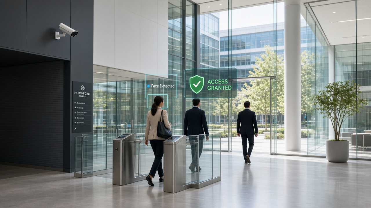 Corporate campus lobby with turnstiles, a security camera and access-granted overlay