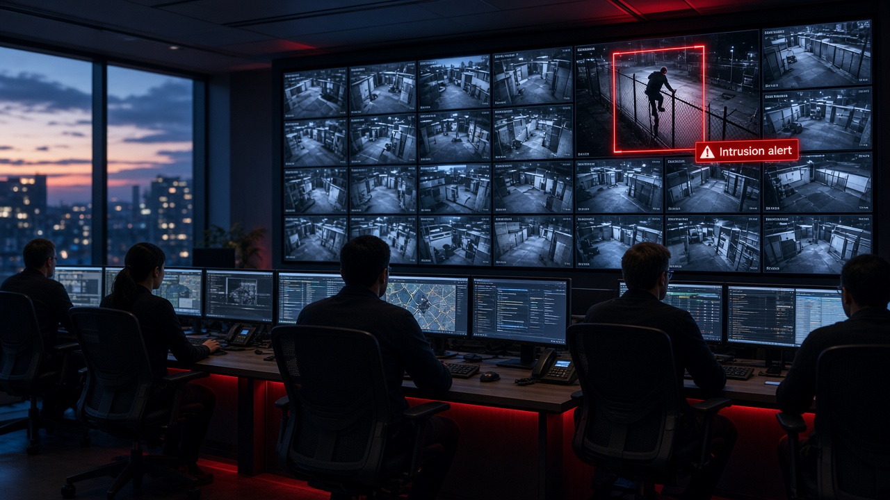 Security operations centre video wall with an AI intrusion alert highlighted on a perimeter camera