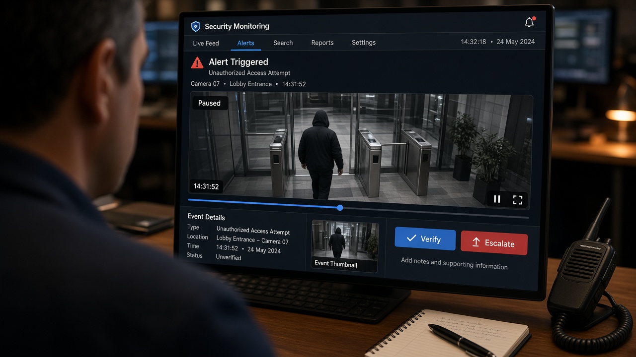 Security operator reviewing a paused alert clip with verify and escalate options