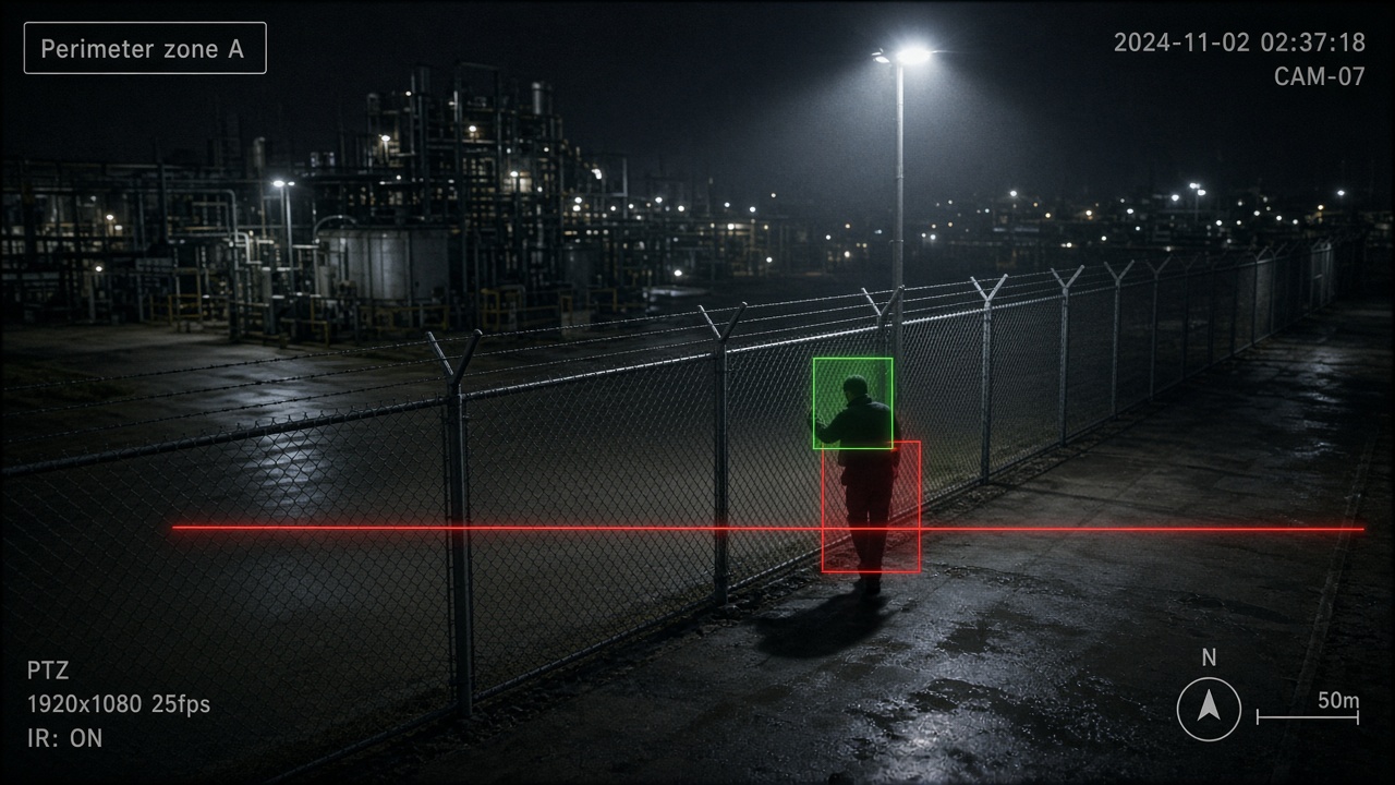 Night-time perimeter camera with a virtual tripwire detecting a person approaching an industrial fence