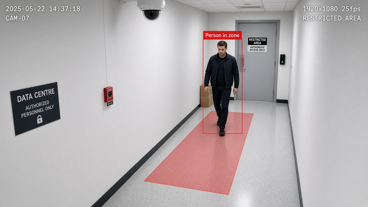 CCTV view of a data centre corridor with a configured red zone and a person detected entering it