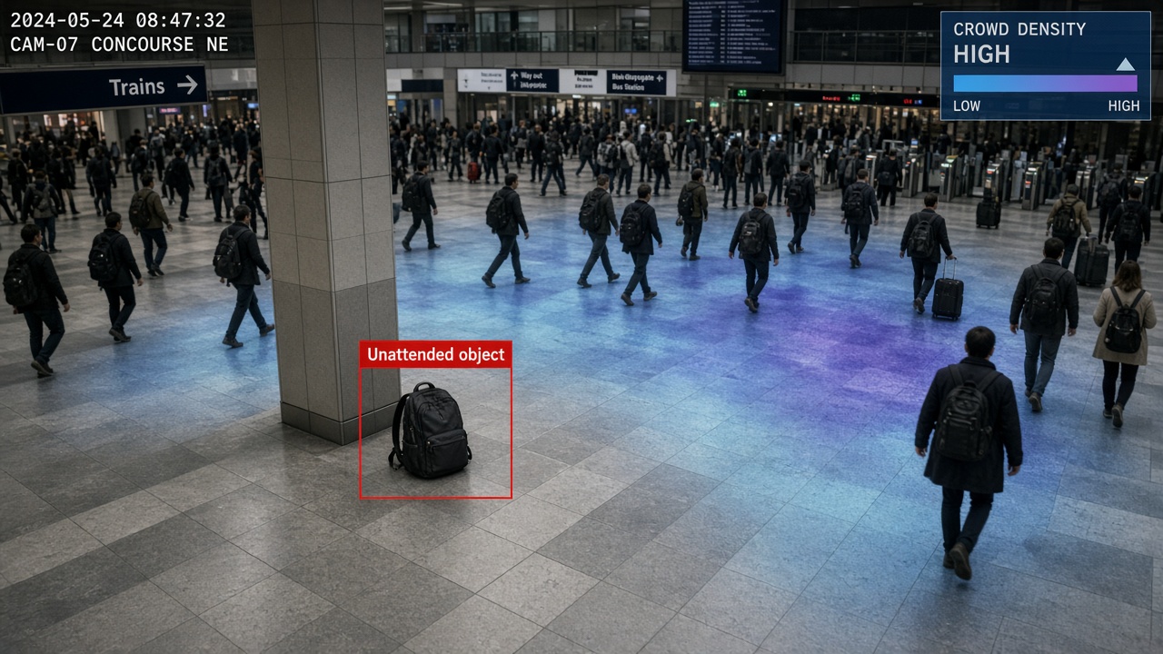 Railway concourse camera flagging an unattended backpack with a crowd-density overlay