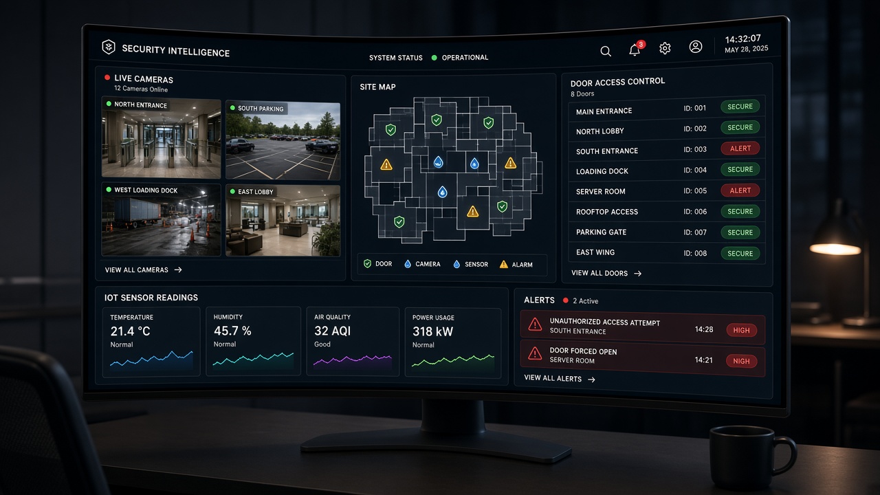 Unified security dashboard with live cameras, site map, door access status, IoT sensor readings and alerts
