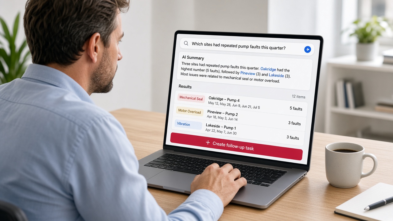Laptop showing a natural-language question about repeated pump faults, an AI summary, classified results with category tags and a create follow-up task button