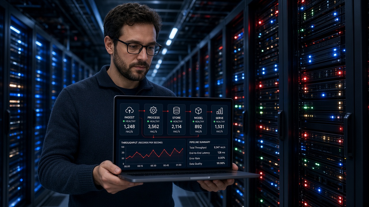 Data engineer in a server room aisle holding a laptop showing a healthy ingest, process, store, model and serve pipeline with records per second and throughput