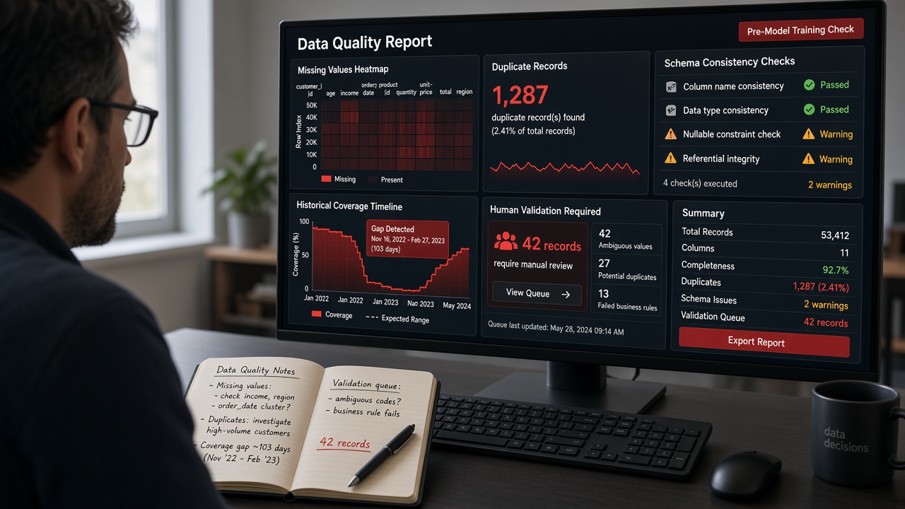 Data scientist reviewing a pre-training data quality report with a missing values heatmap, duplicate records, schema checks, a historical coverage gap and a human validation queue