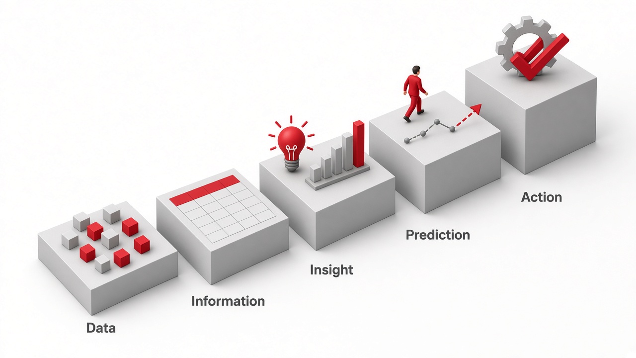 Isometric staircase rising from data cubes to an information table, an insight lightbulb, a prediction line and an action checkmark