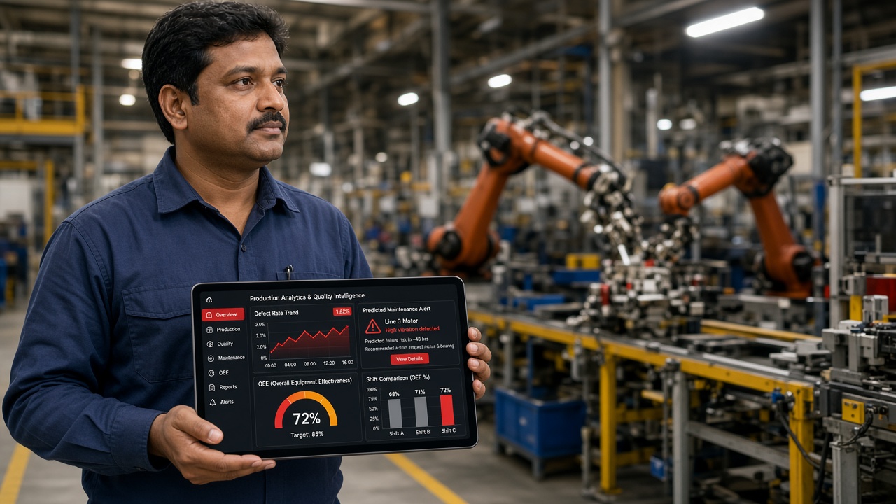 Production supervisor on a manufacturing floor holding a tablet with defect rate trend, a predicted maintenance alert for a line 3 motor, an OEE gauge and a shift comparison