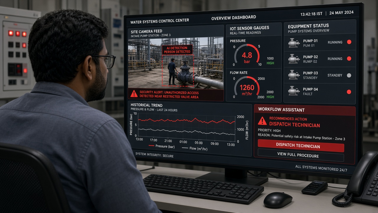 Water systems control room display combining an AI camera detection near a restricted valve, pressure and flow gauges, pump status, a historical trend and a recommendation to dispatch a technician