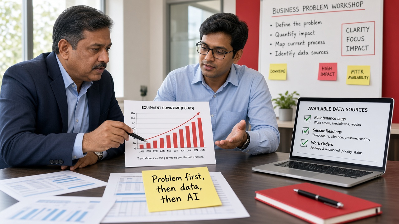 Operations head and data consultant reviewing a rising equipment downtime chart, a sticky note saying problem first, then data, then AI, and a laptop listing available data sources