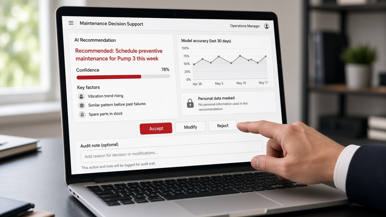Maintenance decision support screen with an AI recommendation to schedule preventive maintenance for Pump 3, a 78 percent confidence score, key factors, model accuracy chart, personal data masked badge and accept, modify and reject buttons